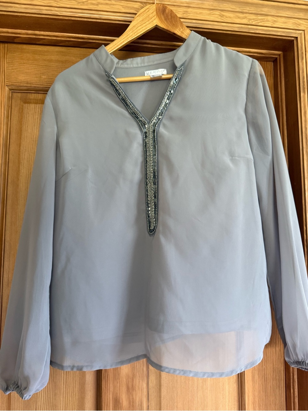 VENUS Light Blue Beaded V-Neck Blouse